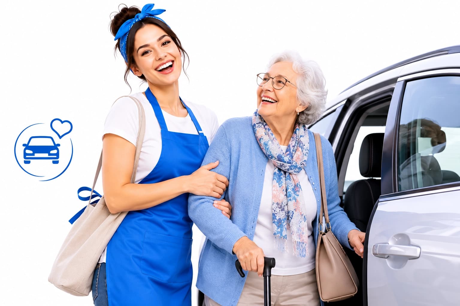 Alltagshelferin begleitet eine Seniorin beim Fahrdienst